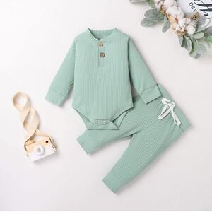 Long Sleeve Knitted Cotton Onesie Romper & Pants Mint Green 6-12 months